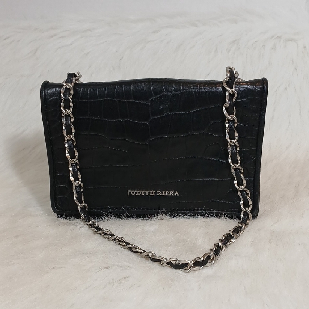 Judith Ripka Black Croc-Embossed Wristlet/Chain Strap Shoulder Bag